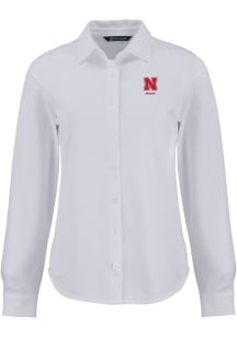 Womens Nebraska Cornhuskers White Cutter and Buck Alumni Advantage Soft Pique Long Sleeve Dress ..