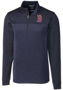 Cutter and Buck Boston Red Sox Mens Navy Blue Traverse Stripe Stretch Long Sleeve 1/4 Zip Pullov..