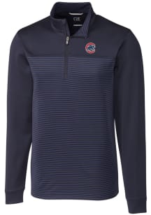 Cutter and Buck Chicago Cubs Mens Navy Blue Traverse Stripe Stretch Long Sleeve 1/4 Zip Pullover