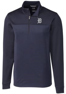 Cutter and Buck Detroit Tigers Mens Navy Blue Traverse Stripe Stretch Long Sleeve 1/4 Zip Pullov..