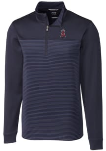 Cutter and Buck Los Angeles Angels Mens Navy Blue Traverse Stripe Stretch Long Sleeve 1/4 Zip Pu..