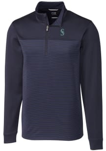 Cutter and Buck Seattle Mariners Mens Navy Blue Traverse Stripe Stretch Long Sleeve 1/4 Zip Pull..