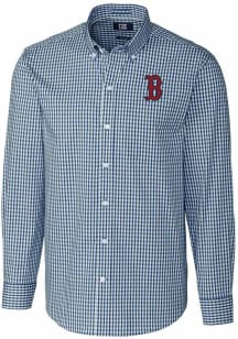 Cutter and Buck Boston Red Sox Mens Navy Blue Easy Care Gingham Long Sleeve Dress Shirt