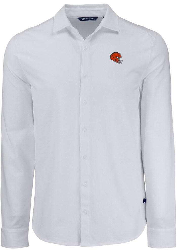 Cutter & Buck Cleveland Browns Helmet Advantage Eco Tri-Blend Pique Mens Long Sleeve Knitted Button Up Shirt in White | Size: Small