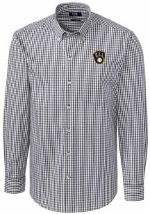 Cutter and Buck Milwaukee Brewers Mens Charcoal Easy Care Gingham Long Sleeve Dress Shirt