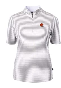 Cutter and Buck Cleveland Browns Womens Grey Helmet Virtue Eco Pique Stripe Short Sleeve Polo Sh..