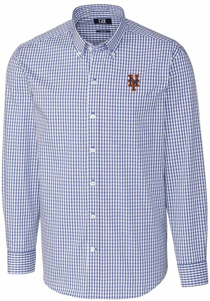 Cutter and Buck New York Mets Mens Blue Easy Care Gingham Long Sleeve Dress Shirt