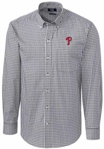 Cutter and Buck Philadelphia Phillies Mens Charcoal Easy Care Gingham Long Sleeve Dress Shirt