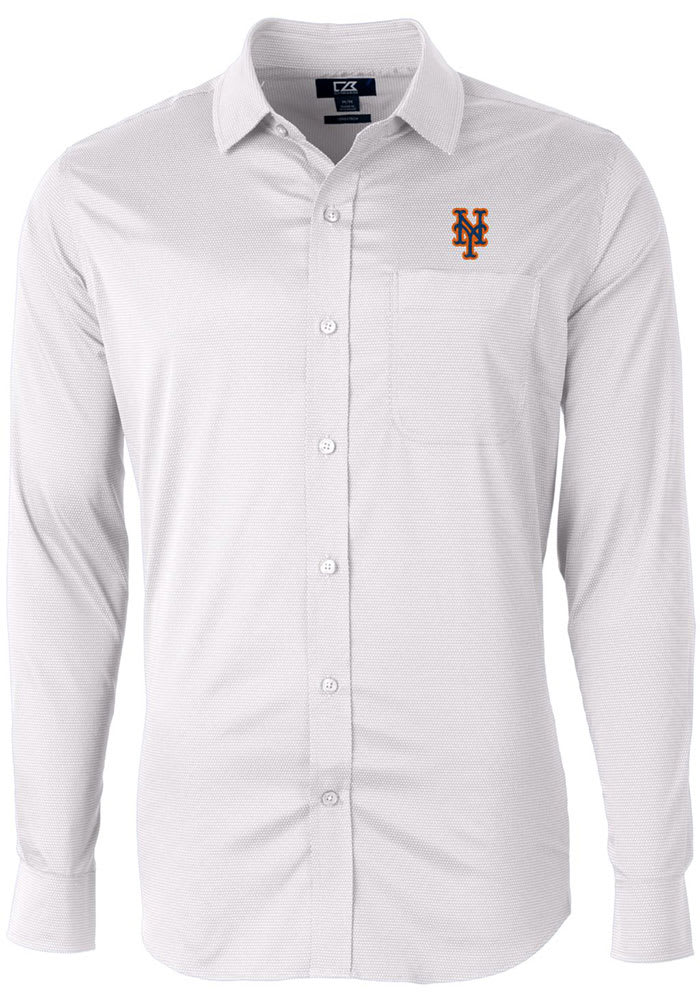 Cutter and Buck New York Mets Mens White Versatech Geo Long Sleeve Dress Shirt