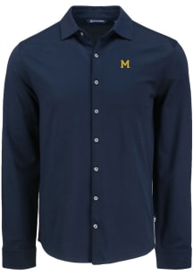 Mens Michigan Wolverines Navy Blue Cutter and Buck Vault Advantage Soft Pique Long Sleeve Dress ..