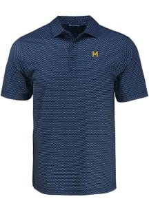 Mens Michigan Wolverines Navy Blue Cutter and Buck Vault Pike Shadow Check Short Sleeve Polo Shi..