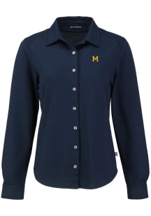 Womens Michigan Wolverines Navy Blue Cutter and Buck Vault Advantage Soft Pique Long Sleeve Dres..