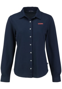 Cutter and Buck UConn Huskies Womens Wordmark Advantage Soft Pique Long Sleeve Navy Blue Dress Shi..
