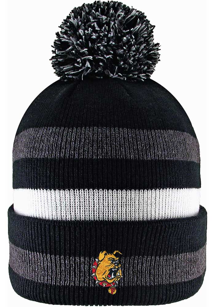 LogoFit Ferris State Bulldogs Black Primetime Striped Pom Mens Knit Hat