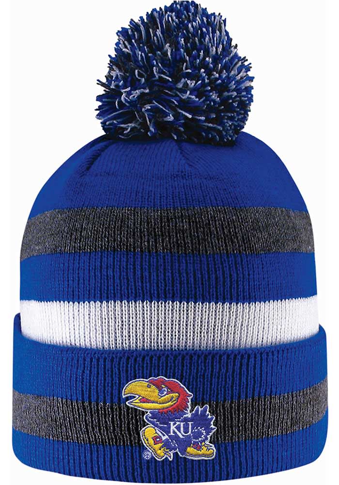 LogoFit Kansas Jayhawks Blue Primetime Striped Pom Mens Knit Hat