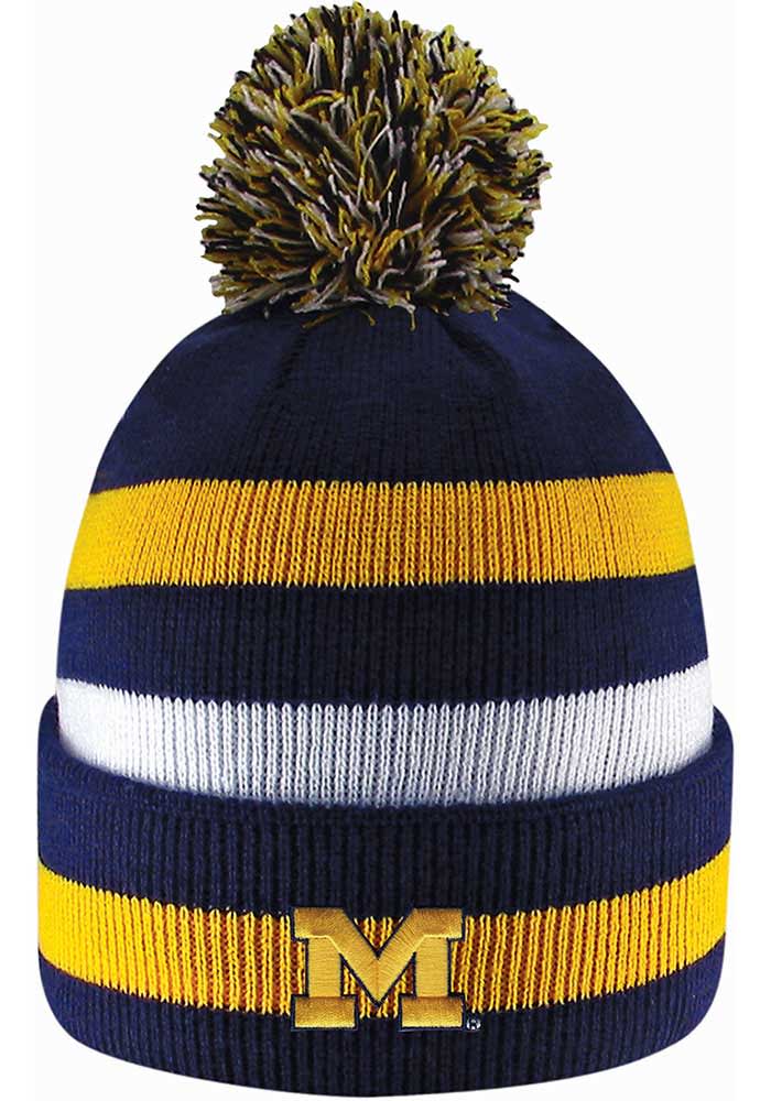 LogoFit Michigan Wolverines Navy Blue Primetime Striped Pom Mens Knit Hat