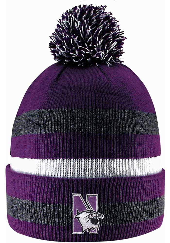 LogoFit Northwestern Wildcats Purple Primetime Striped Pom Mens Knit Hat
