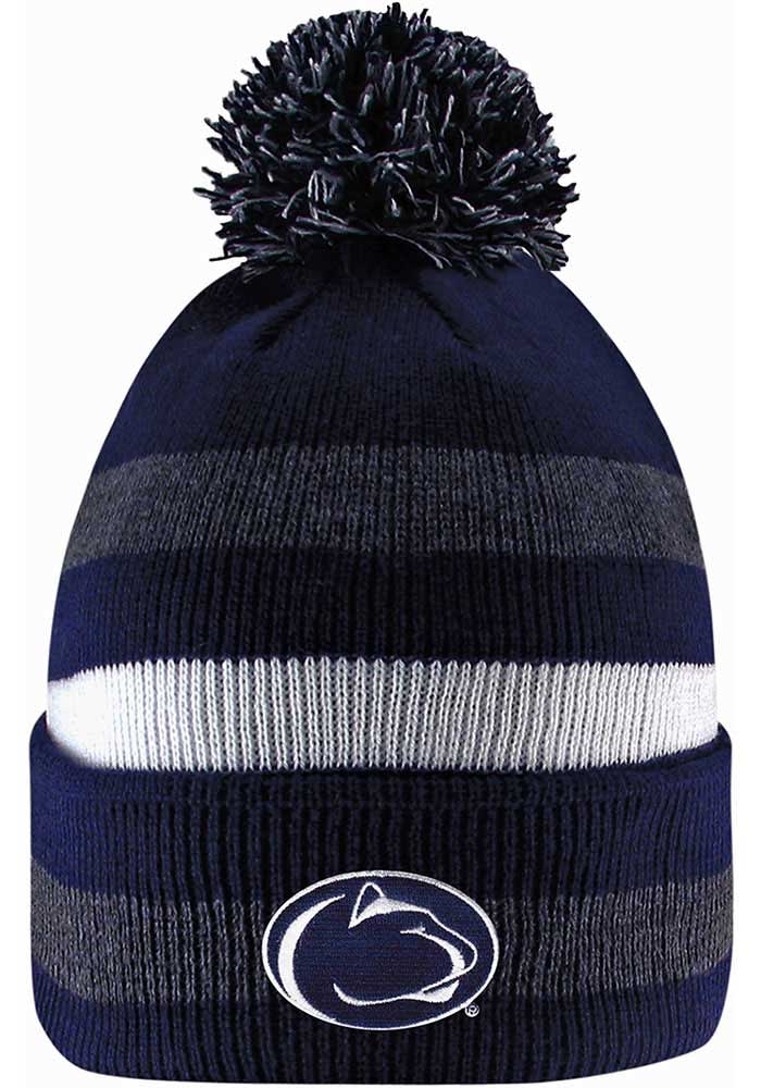 LogoFit Penn State Nittany Lions Navy Blue Primetime Striped Pom Mens Knit Hat