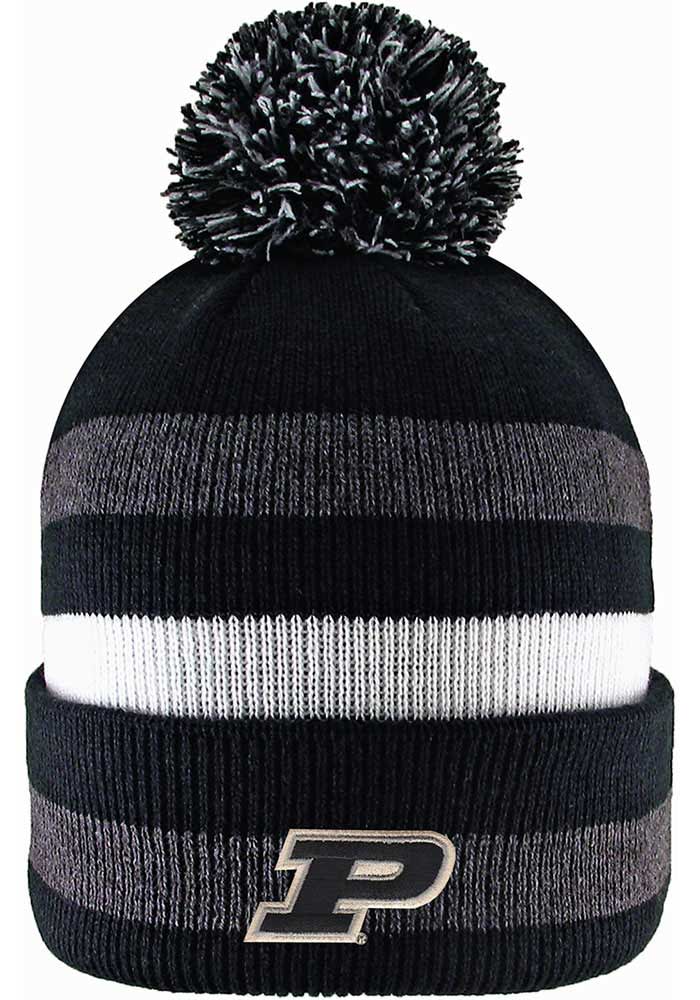 LogoFit Purdue Boilermakers Black Primetime Striped Pom Mens Knit Hat