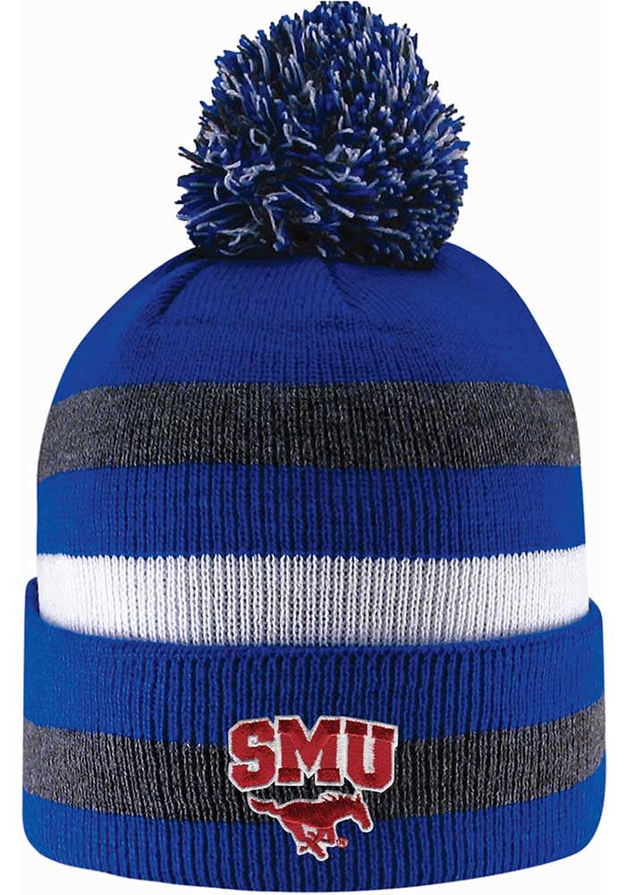 LogoFit SMU Mustangs Blue Primetime Striped Pom Mens Knit Hat