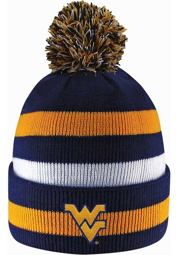 LogoFit West Virginia Mountaineers Navy Blue Primetime Striped Pom Mens Knit Hat