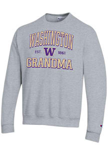 Champion Washington Huskies Mens Grey Est. Date Grandma Powerblend Long Sleeve Crew Sweatshirt
