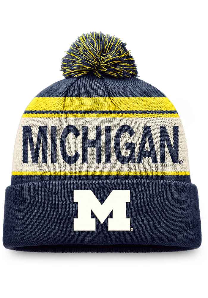 Michigan Wolverines Navy Blue Hats Primary Cream Stripe Cuff Pom Knit