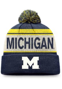 Michigan Wolverines Navy Blue Primary Cream Stripe Cuff Pom Mens Knit Hat