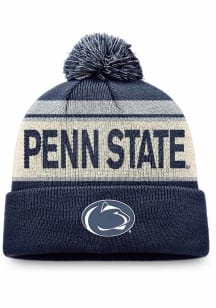 Penn State Nittany Lions Navy Blue Primary Cream Stripe Cuff Pom Mens Knit Hat