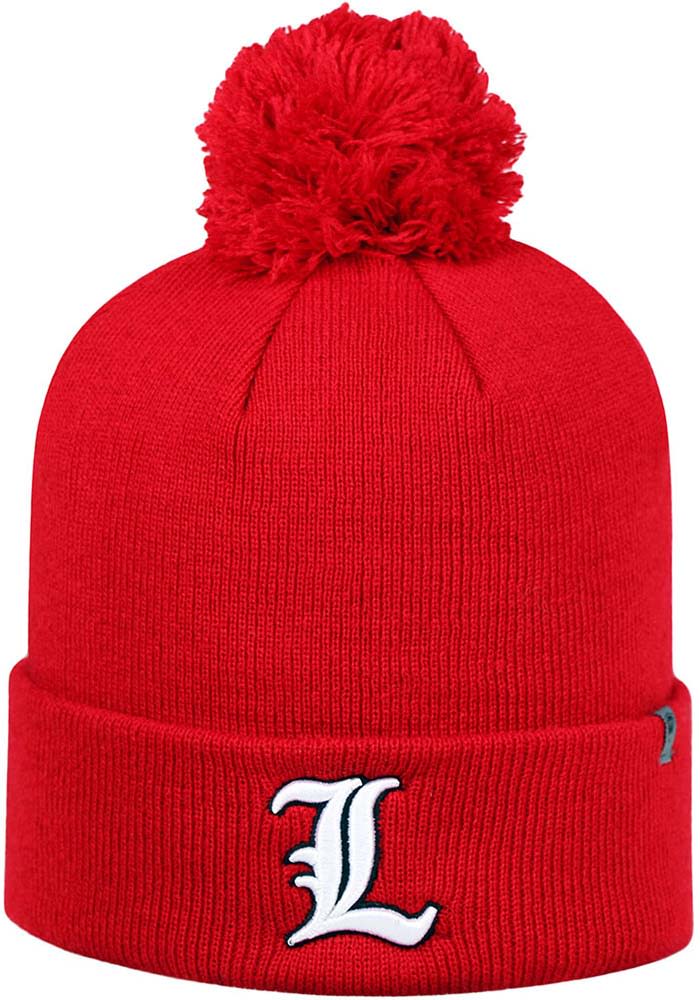 Louisville Cardinals Red Hats Primary Cream Stripe Cuff Pom Knit