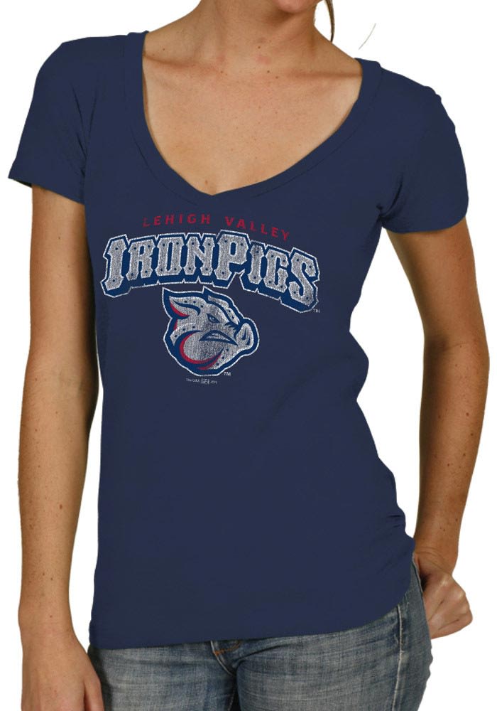 Original Retro Brand Lehigh Valley Ironpigs Womens Navy Blue Wordmark V-Neck T-Shirt