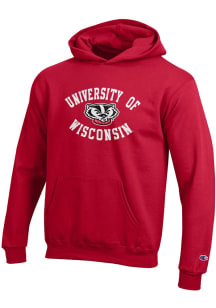 Youth Wisconsin Badgers Red Champion No 1 Long Sleeve Hooded Sweatshirt