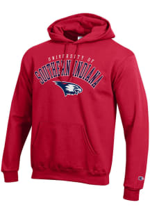 Champion Southern Indiana Screaming Eagles Mens Red Arch Mascot Powerblend Long Sleeve Hoodie