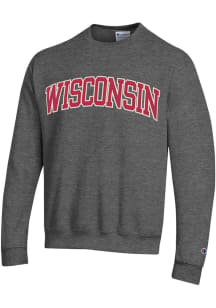 Champion Wisconsin Badgers Mens Charcoal Arch Name Long Sleeve Crew Sweatshirt