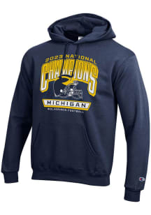 Mens Michigan Wolverines Navy Blue Champion 2023 National Champions Bowtie Helmet Hooded Sweatsh..