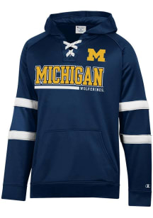 Mens Michigan Wolverines Navy Blue Champion Stadium Raglan Hockey Lace Up Long Sleeve Hoodie