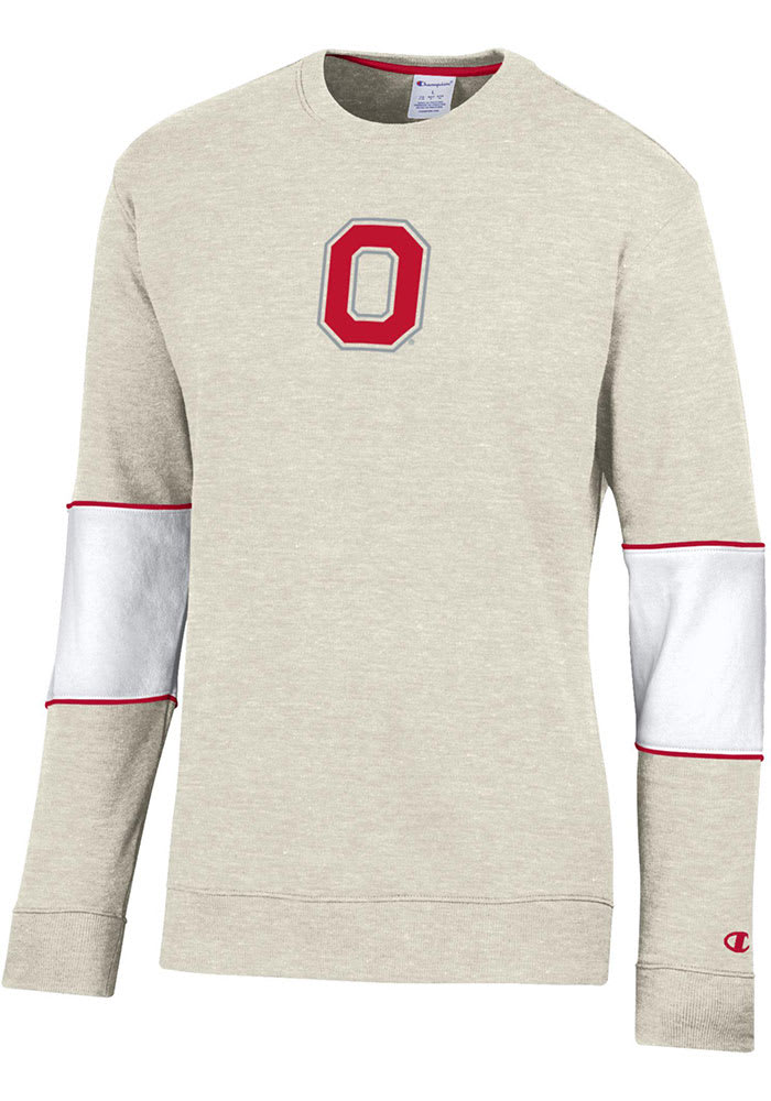 Champion Ohio State Buckeyes Mens Oatmeal Super Fan Colorblocked Primary Logo Long Sleeve Crew Swe..