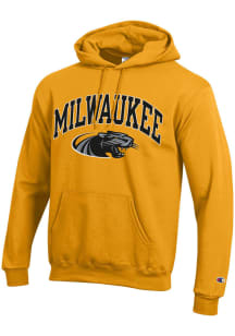 Champion Wisconsin-Milwaukee Panthers Mens Gold PowerBlend Arch Mascot Long Sleeve Hoodie
