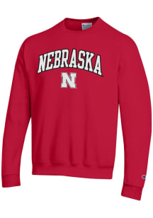 Mens Nebraska Cornhuskers Red Champion Arch Mascot Crew Sweatshirt