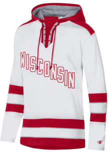 Mens Wisconsin Badgers White Champion Super Fan Hockey Hooded Sweatshirt