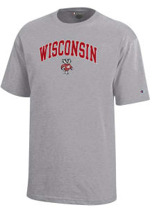 Youth Wisconsin Badgers Grey Champion Primary Logo Short Sleeve T-Shirt