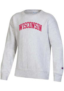 Youth Wisconsin Badgers Grey Champion Arch Mascot Long Sleeve Crew Sweatshirt