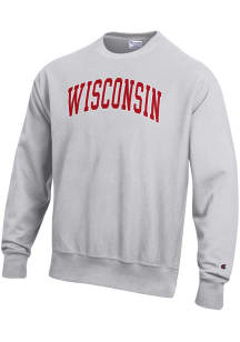 Champion Wisconsin Badgers Mens Grey Arch Name Reverse Weave Long Sleeve Crew Sweatshirt