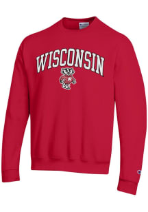 Mens Wisconsin Badgers Red Champion Arch Mascot Powerblend Crew Sweatshirt