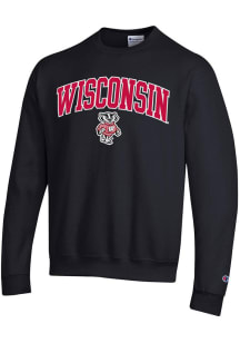 Mens Wisconsin Badgers Black Champion Arch Mascot Powerblend Crew Sweatshirt