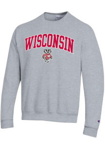 Mens Wisconsin Badgers Grey Champion Arch Mascot Powerblend Crew Sweatshirt