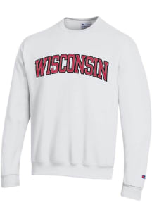 Mens Wisconsin Badgers White Champion Arch Name Powerblend Crew Sweatshirt