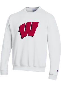 Mens Wisconsin Badgers White Champion Primary Team Logo Powerblend Crew Sweatshirt