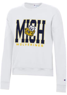 Womens Michigan Wolverines White Champion Powerblend Crew Sweatshirt