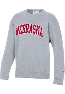 Champion Nebraska Cornhuskers Youth Grey ARCH WORDMARK Long Sleeve Crew Sweatshirt